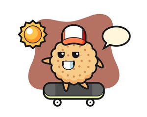 Round Biscuits Character Illustration ride a skateboard