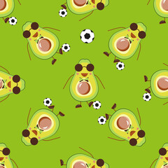 Seamless pattern of funny baby avocados. Exotic fruits in cartoon style with glasses and soccer ball. Green background. For textiles, children's patterns, clothing, linen, covers, packaging. Vector