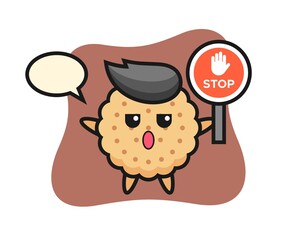 Round Biscuits Character Illustration holding a stop sign