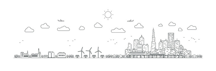 Panorama urban modern city landscape with high skyscrapers. Ecosystem white green energy. Vector illustration thin line city landscape.