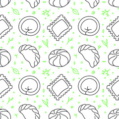 Seamless pattern of different dumplings with flavoring, spice, dill, salad. Black and green icons on white background. Vector stock illustration. Hand drawn doodle elements. Simple style.