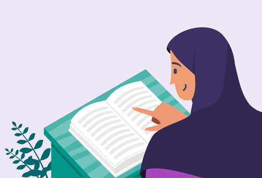 Young Muslim Woman Read Quran. Can be Used for Digital and Printable Infographic. Flat Vector Illustration. 