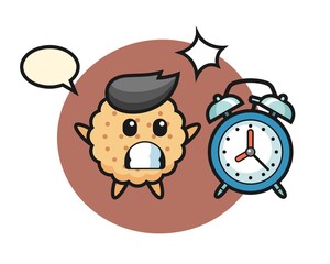 Cartoon Illustration Of Round Biscuits is surprised with a giant alarm clock