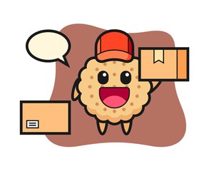 Cartoon Mascot Of Round Biscuits as a courier