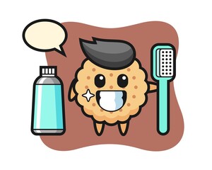 Mascot Illustration Of Round Biscuits with a toothbrush