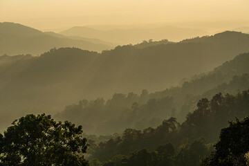 Beautiful sunrise over the mountain range. Morning dawn in the mountains