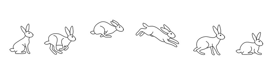 A set of rabbit jump phases. The hare sits, prepares to jump, jumps, lands. Black outline on a white background. Vector illustration in doodle style