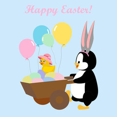 Easter penguin and chick hunting eggs vector illustration