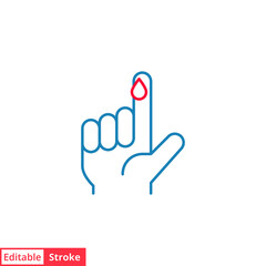 Blood on finger line icon. Vector people hand injured isolated symbol. Glucose, insulin test, diabetes concept. Simple outline style. Sign illustration on white background. Editable stroke EPS 10
