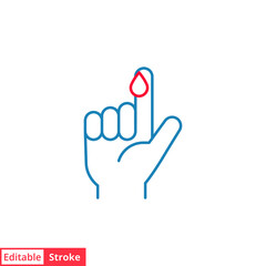 Blood on finger line icon. Vector people hand injured isolated symbol. Glucose, insulin test, diabetes concept. Simple outline style. Sign illustration on white background. Editable stroke EPS 10
