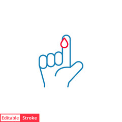 Blood on finger line icon. Vector people hand injured isolated symbol. Glucose, insulin test, diabetes concept. Simple outline style. Sign illustration on white background. Editable stroke EPS 10