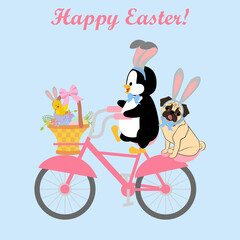 Pug penguin and chicken riding bicycle with easter basket