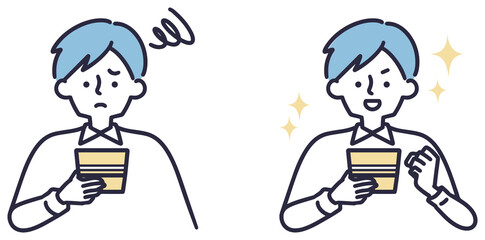 通帳　喜ぶ　不安　男性　シンプルイラストセット