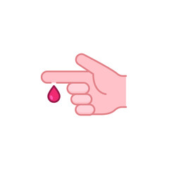 Blood on finger icon. Vector people hand injured isolated symbol. Glucose, insulin test, diabetes concept. Simple filled outline style. Sign illustration on white background. EPS 10