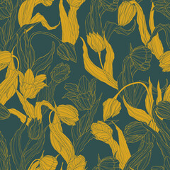 Seamless floral pattern with tulips flower. Vector repeating background with line art spring flower pattern. Best for wrapping, textile or print design. Symbol for Women's Day and Mother's Day.