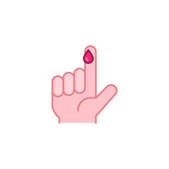 Blood on finger icon. Vector people hand injured isolated symbol. Glucose, insulin test, diabetes concept. Simple filled outline style. Sign illustration on white background. EPS 10