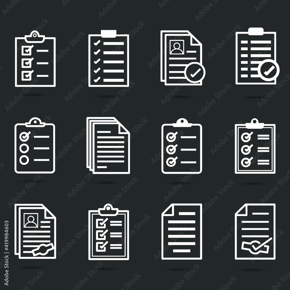 Poster set of record checklist paper to report. business check and resume document flat icon. premium thin 