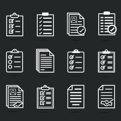 Set of record checklist paper to report. Business check and resume document flat icon. Premium thin line vector illustrator.