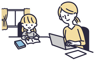 リモートワークをする女性と勉強する女の子