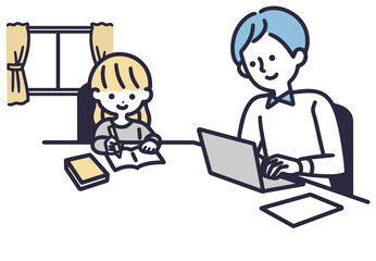 リモートワークをする男性と勉強する女の子