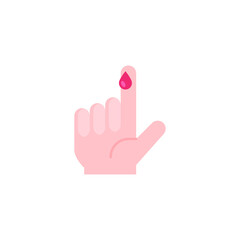 Blood on finger icon. Vector people hand injured isolated symbol. Glucose, insulin test, diabetes concept. Simple flat style. Sign illustration on white background. EPS 10