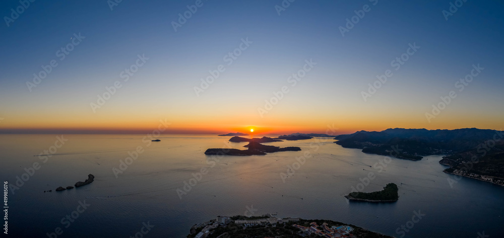 Canvas Prints Aerial panorama drone shot of sunset horizon in Adriatic islands in Dubrovnik in Croatia summer - Canvas Prints