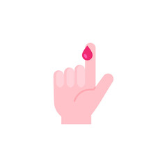 Blood on finger icon. Vector people hand injured isolated symbol. Glucose, insulin test, diabetes concept. Simple flat style. Sign illustration on white background. EPS 10