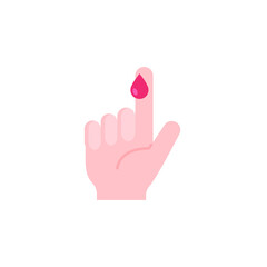Blood on finger icon. Vector people hand injured isolated symbol. Glucose, insulin test, diabetes concept. Simple flat style. Sign illustration on white background. EPS 10