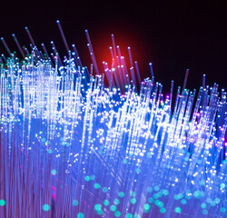 optical fibres dinamic flying from deep on technology background