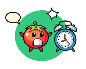 Cartoon illustration of tomatoes is surprised with a giant alarm clock