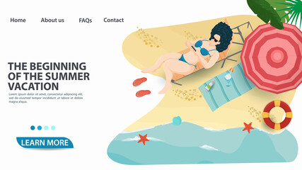 banner for the design of advertising tourist web pages websites and mobile applications on the theme of summer holidays travel and vacation A girl with a phone lies on the beach 