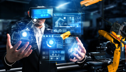 Advanced robot arm system for digital industry and factory robotic technology . Automation manufacturing robot controlled by industry engineering using IOT software connected to internet network .