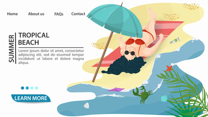 banner for the design of advertising tourist web pages websites and mobile applications on the theme of summer holidays travel and vacation A girl with glasses under an umbrella 