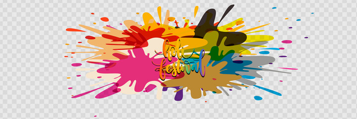 Happy Holi lettering with colorful confetti and paper plate frame. Indian Traditional festival of colors.