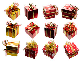 A set of different angles of red and gold gift boxes on a white background