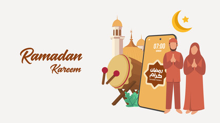 Flat Ramadan Kareem beautiful greeting card with arabic with smartphone mosque, moon, Arabian Muslim Family and drum. Vector Illustration