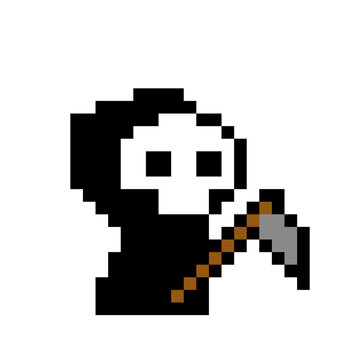 8 bit pixel image of ghost grim reaper. Halloween Costume in Vector Illustration for cross stitch and beading patterns.