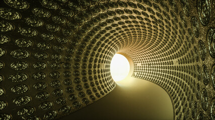 3D abstract tunnel with textured walls. light at the end of the tunnel. 3d render illustration