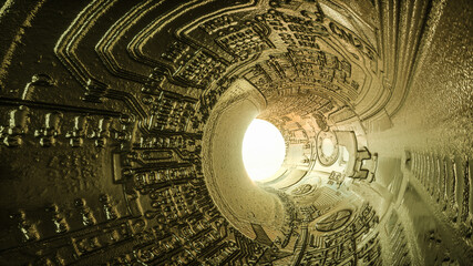 3D abstract tunnel with textured walls. light at the end of the tunnel. 3d render illustration