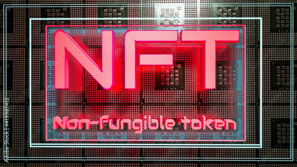 Poster neon glowing letters nft on the background of computer parts. cryptoart concept. 3d render illustrat