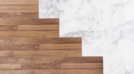 Wood and white marble stone texture background. Wooden and marble stone floor