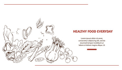 Vegetarian healthy food delivery and sale with hand drawn vegetables in engraving style, flat vector illustration. Online food and delivery vegetarian food banner template.