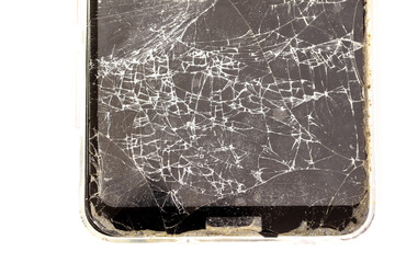 Broken glass of the phone on a white background.