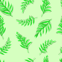 Fototapeta na wymiar seamless pattern vector palm leaves green leaves and contours on background. For textiles, packaging, fabrics, wallpapers, backgrounds, invitations. Summer tropics hand illustration