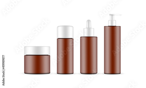 Download Frosted Amber Cosmetic Packaging Mockup Jar Dropper Pump Bottle Isolated On White Background Vector Illustration Wall Mural Evz