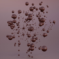 Coffee background with flying chocolate balls. Sweet bubbles. 3d illustration
