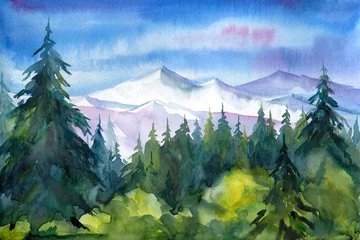 Fototapete Rund Mountain and forest landscape, watercolor hand drawing © Hanna