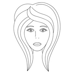 Womans face. Sketch. The head of the girl in full face. Vector illustration. Haircut for medium hair-cascade. Plump lips. Long eyelashes. Mysterious female portrait. Coloring book for children. 