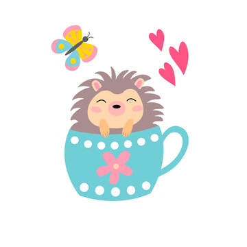 Cute cartoon hedgehog in a blue cup, butterfly and heart in vector graphics, on a white background. Composition for the design of postcards, prints for the covers of notebooks, t-shirts, packages
