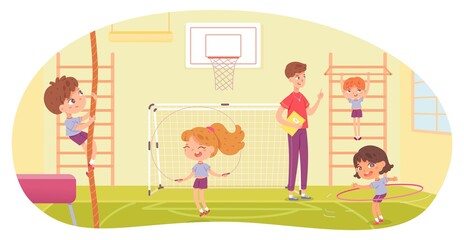Kids doing various sports in physical education class at school. Children with teacher doing exercise in PE vector illustration. Girl skipping, with hula hoop, boy climbing and hanging on bar